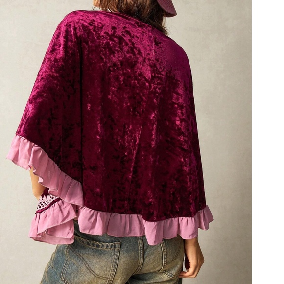 Boho Burgundy Velvet Floral Embroidered Ruffle Detail Kimono Cardigan - Picture 16 of 16